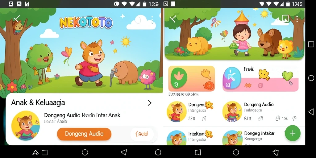 Tampilan antarmuka NEKOTOTO dengan pilihan dongeng audio interaktif.