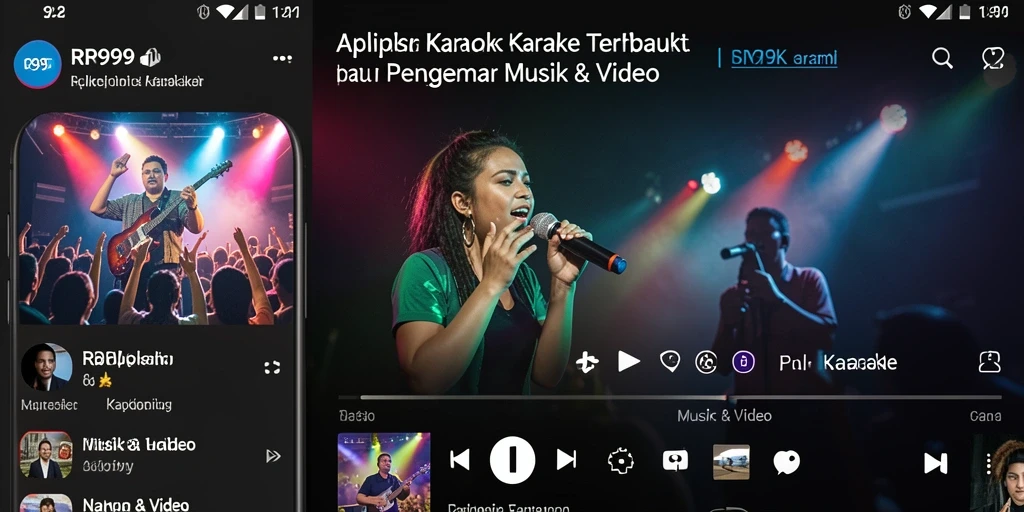 Antarmuka aplikasi RR999 dengan tampilan karaoke yang menarik.
